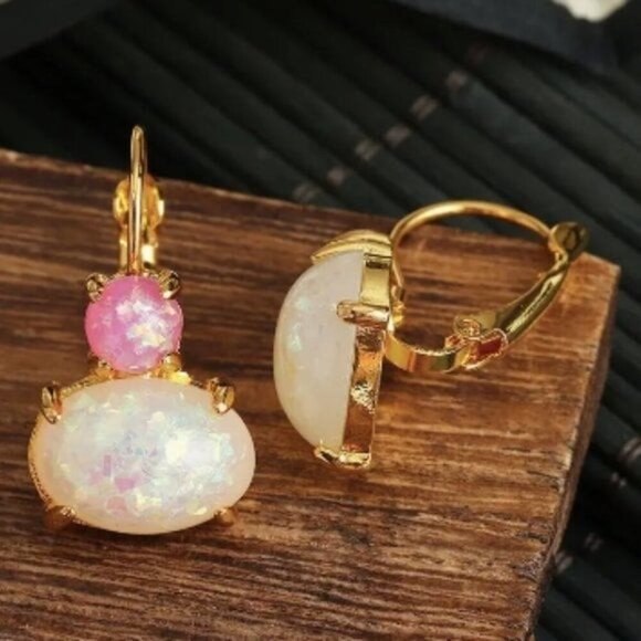 14k Gold Plated Pink & White Opal Stone Drop Earrings - Picture 4 of 5